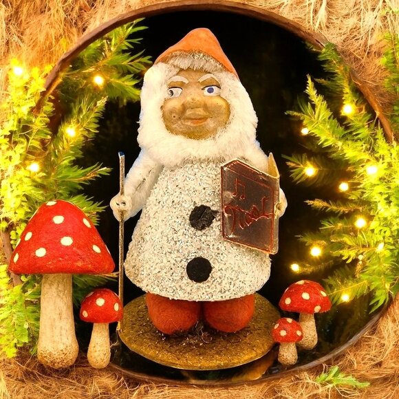 Vintage 1950s Putz Elf Christmas Ornament • Red Flocked Hat • Holding Book & Sta - Picture 1 of 9